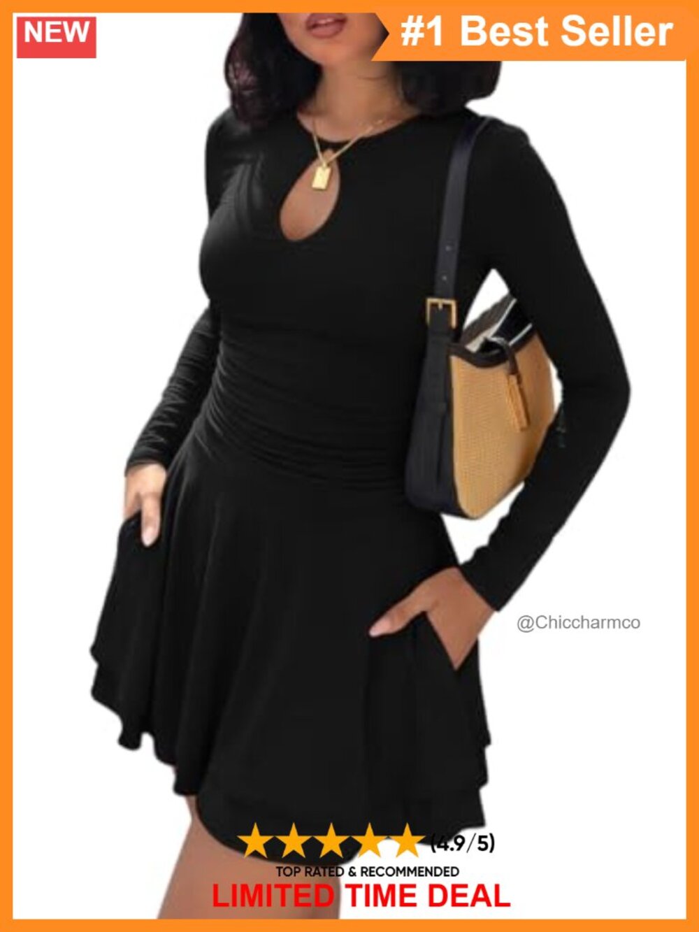 Long Sleeve Keyhole Neck Flowy Mini Dress with Pockets A-Line Fit